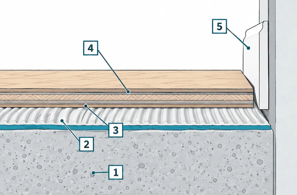 Diagram: cross-section of an engineered hardwood plank glued with a moisture barrier to a concrete slab, showing the wear layer, plywood core and adhesive