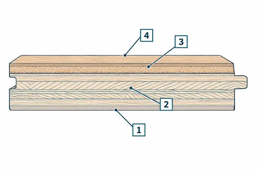 Diagram: cross-section of an engineered plank showing a thick wear layer of white oak over a plywood core and a balancing backer layer